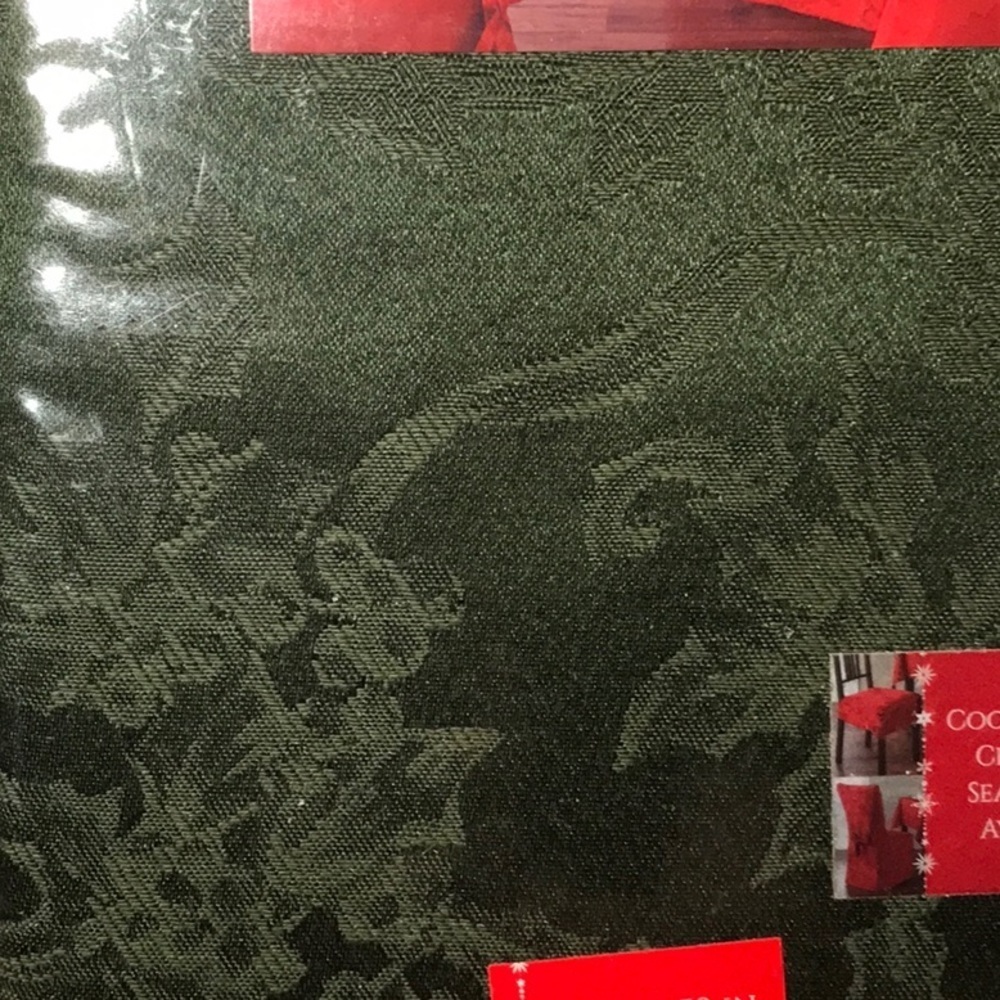 Damask Christmas Ribbon tablecloth. Size 52 x 70 oblong . Color is green - Picture 3 of 3